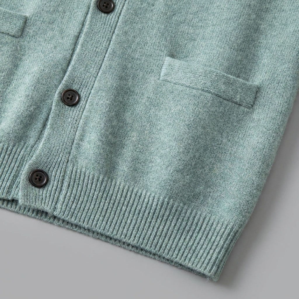 Foligno Wool Cardigan — Turquoise, studio construction detail