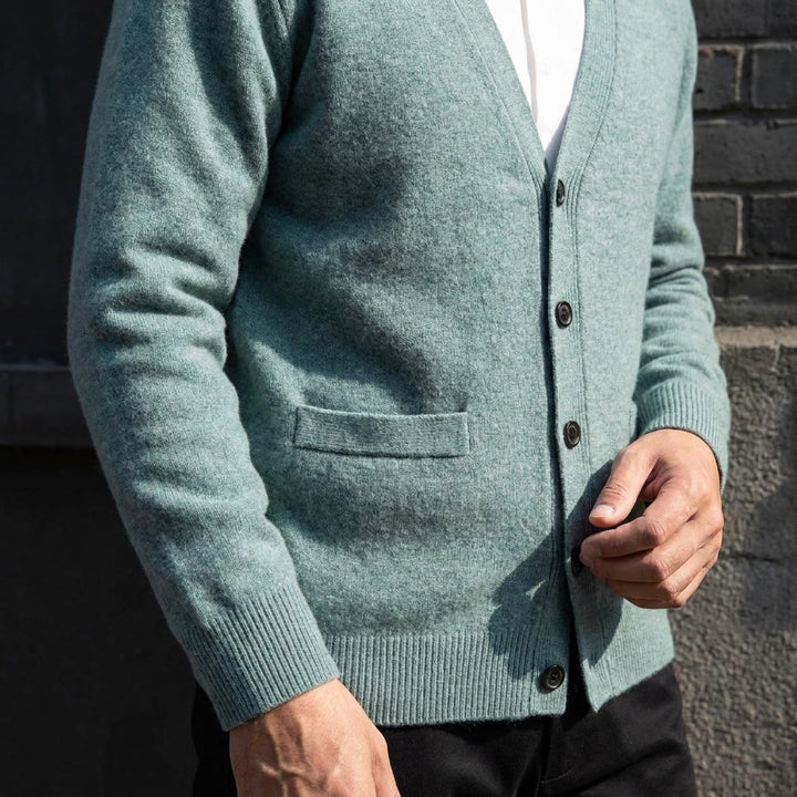 Foligno Wool Cardigan — Turquoise, lifestyle worn detail