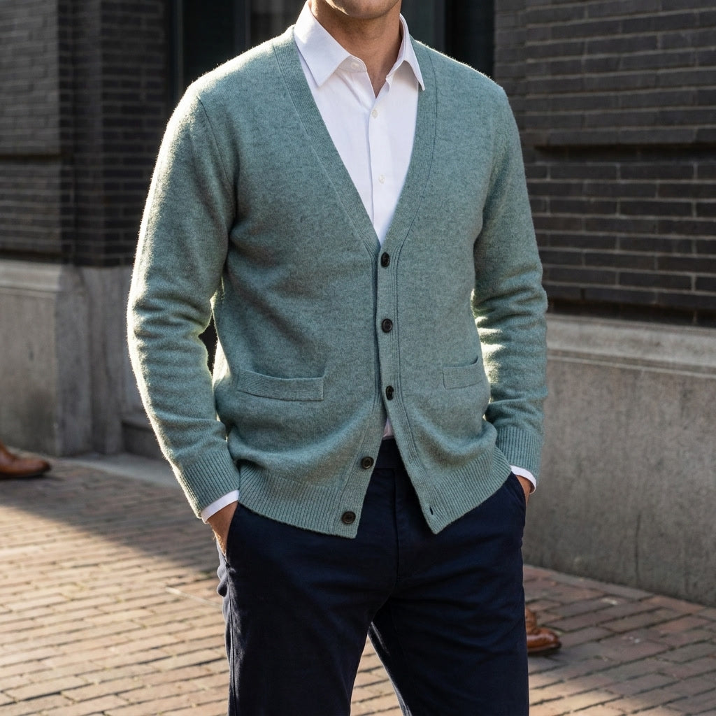 Foligno Wool Cardigan — Turquoise, lifestyle close crop