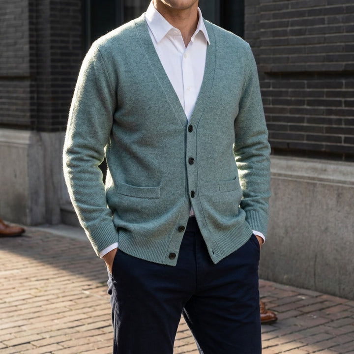 Foligno Wool Cardigan — Turquoise, lifestyle close crop