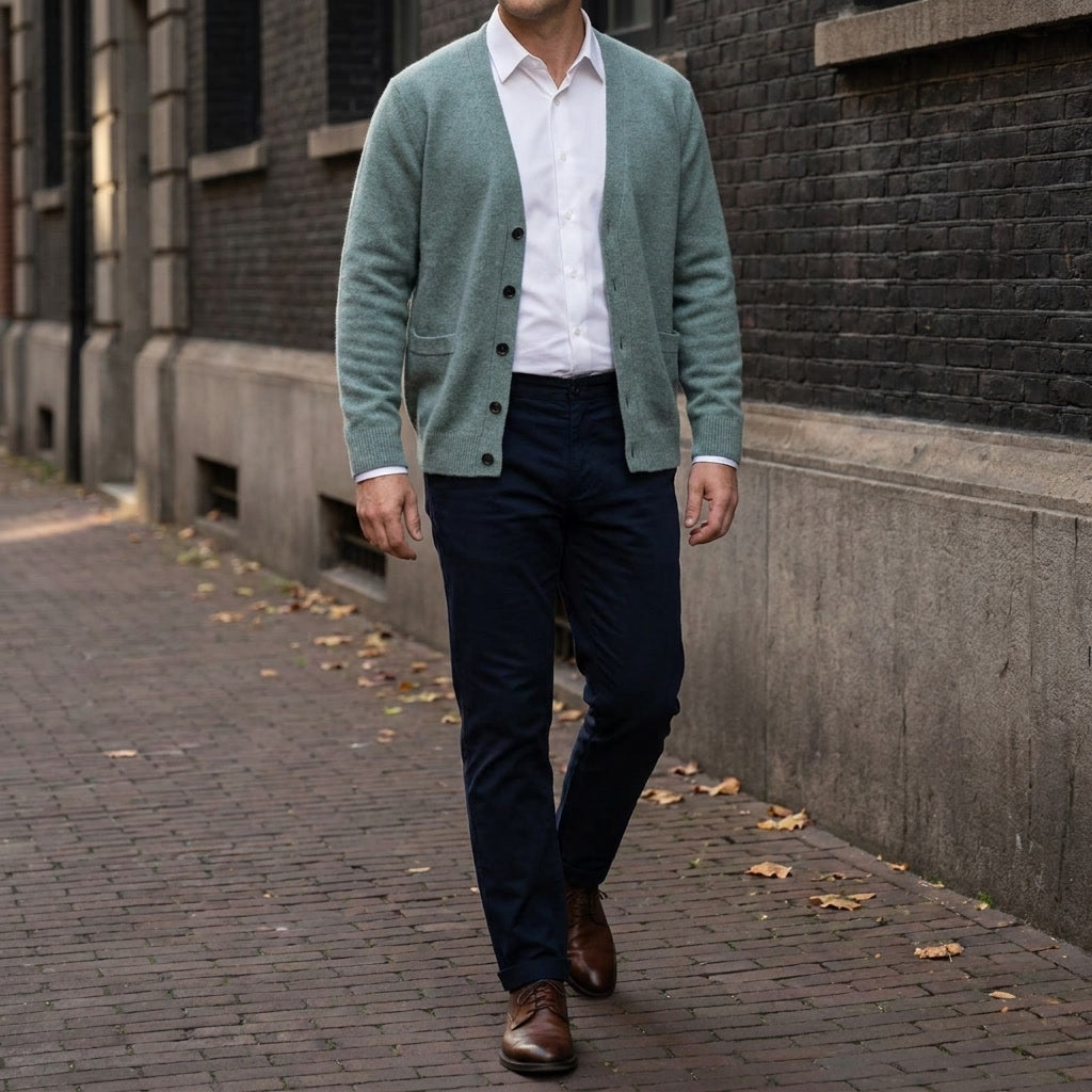 Foligno Wool Cardigan — Turquoise, lifestyle full outfit