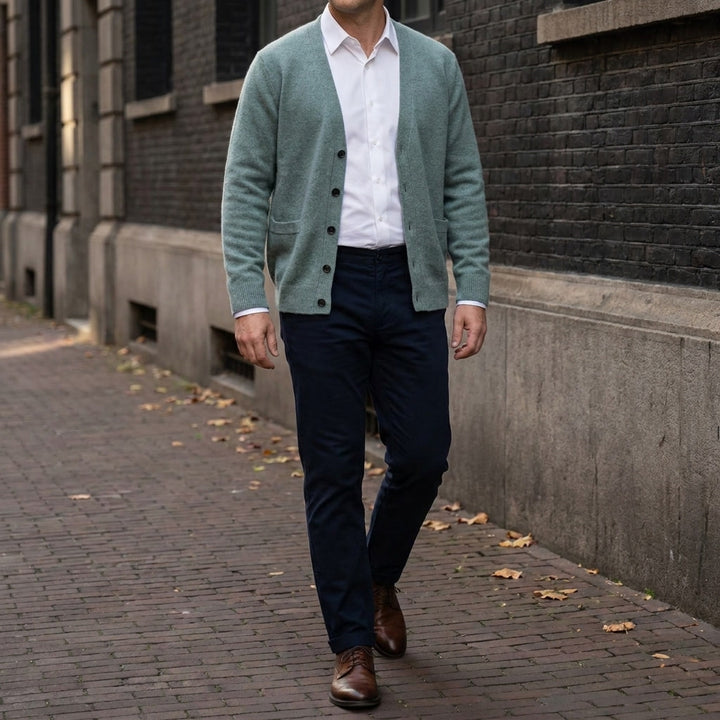 Foligno Wool Cardigan — Turquoise, lifestyle full outfit