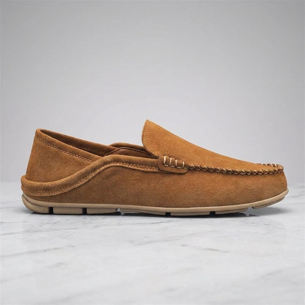 Varazze Suede Loafers — Apricot, single loafer in side profile on light grey marble