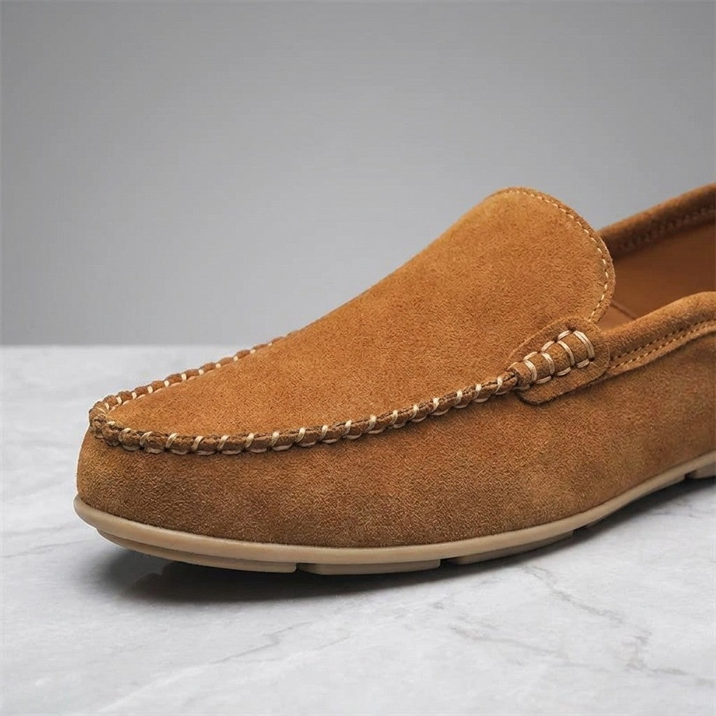 Varazze Suede Loafers — Apricot, close-up of the suede and whipstitched toe