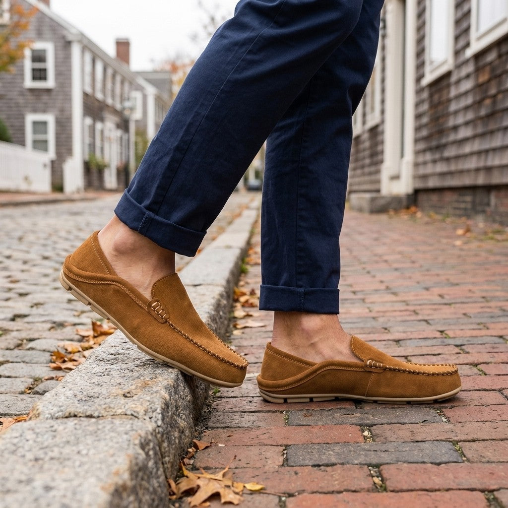 Varazze Suede Loafers — Apricot, worn sockless with cuffed navy chinos on a cobblestone street curb