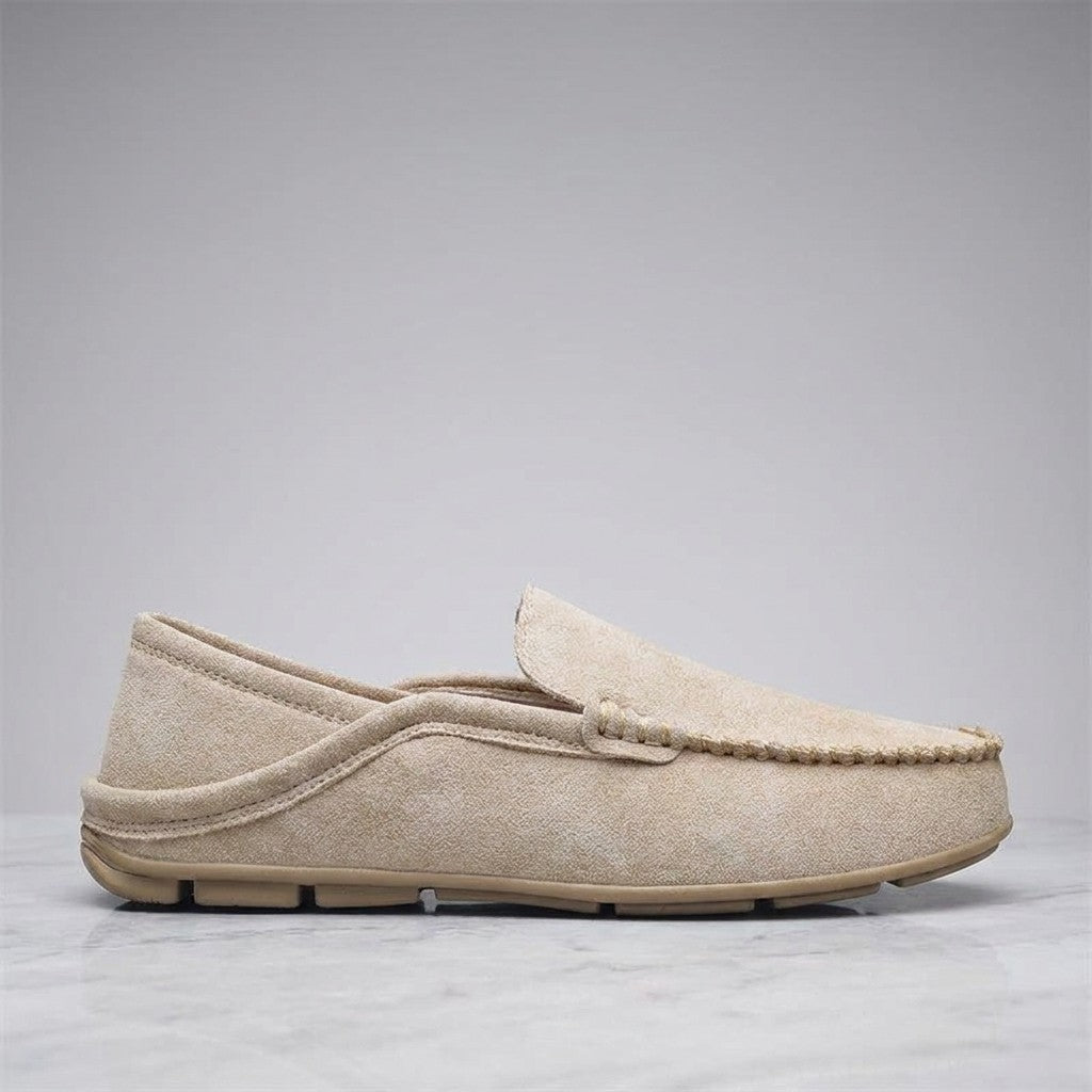 Varazze Suede Loafers — Khaki, single loafer in side profile on light grey marble