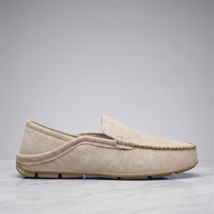 Varazze Suede Loafers — Khaki, single loafer in side profile on light grey marble