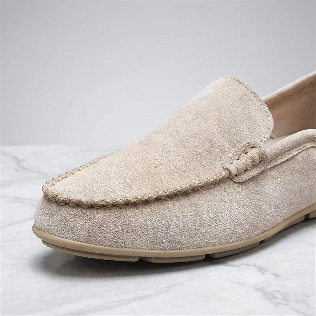 Varazze Suede Loafers — Khaki, close-up of the suede and whipstitched toe