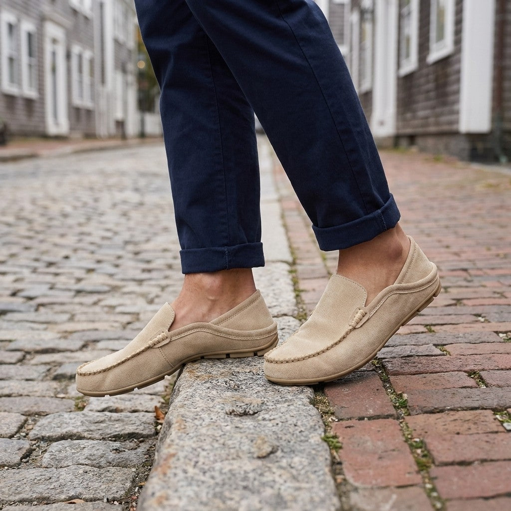 Varazze Suede Loafers — Khaki, worn sockless with cuffed navy chinos on a cobblestone street curb