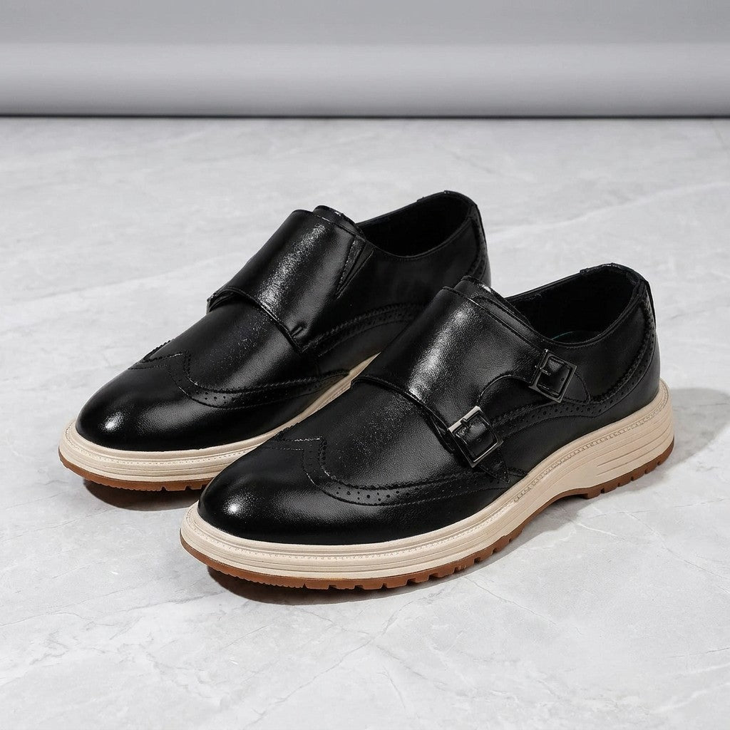 Vignola Wingtip Monk Shoes — Black, pair three-quarter studio view