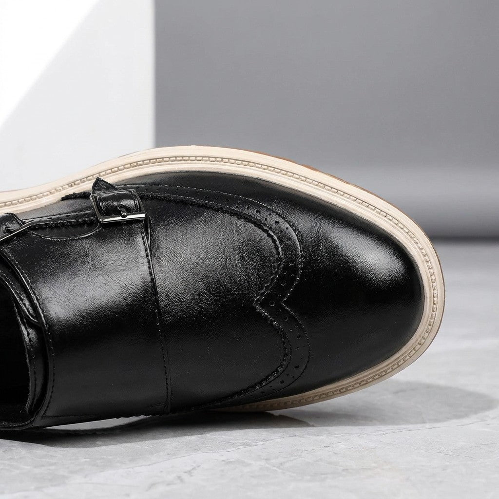 Vignola Wingtip Monk Shoes — Black, toe and buckle close-up
