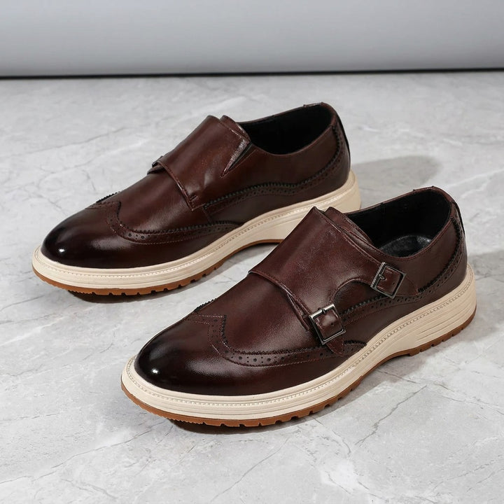 Vignola Wingtip Monk Shoes — Brown, pair three-quarter studio view