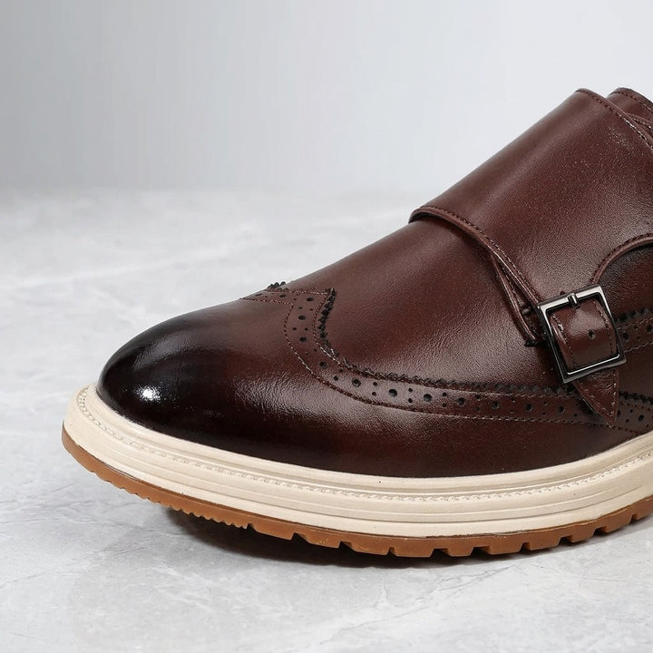 Vignola Wingtip Monk Shoes — Brown, toe and buckle close-up