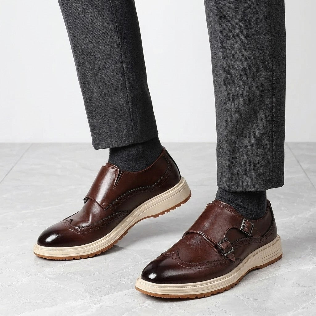 Vignola Wingtip Monk Shoes — Brown, worn by a man, knee-down studio