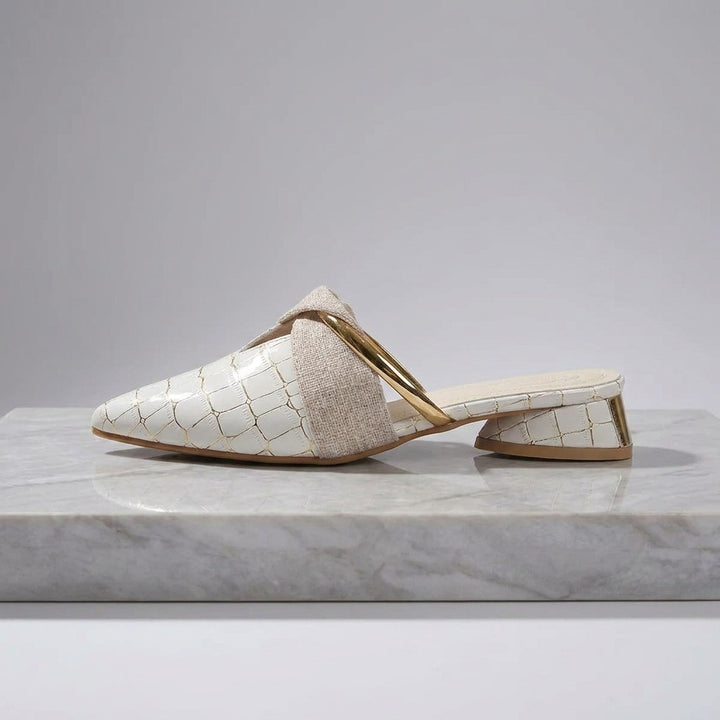Tivoli Croc-Embossed Mules — White, side profile