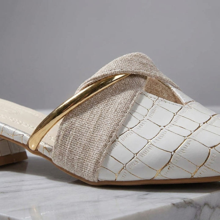 Tivoli Croc-Embossed Mules — White, construction close-up