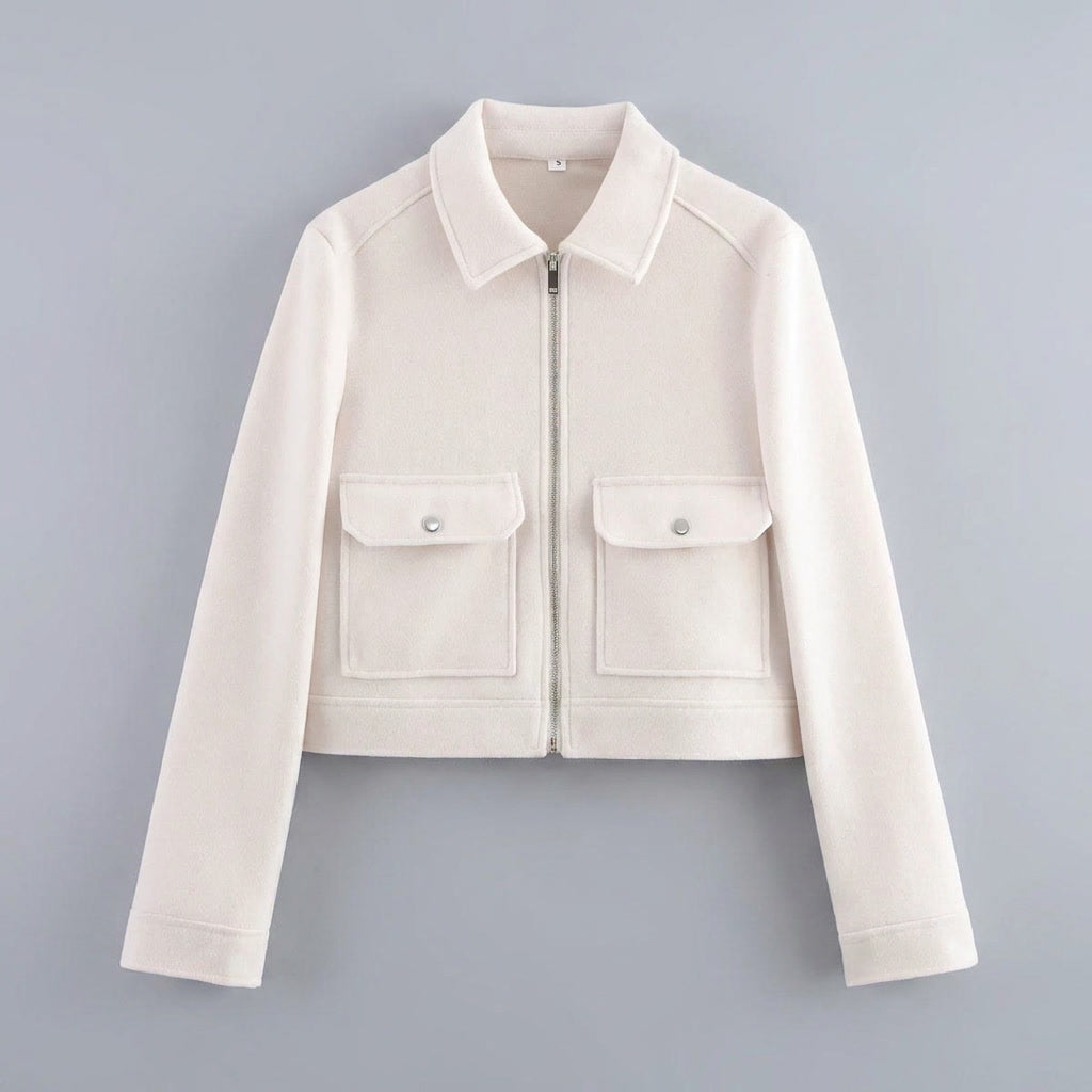 Udine Cropped Jacket — White, flat lay front on grey seamless