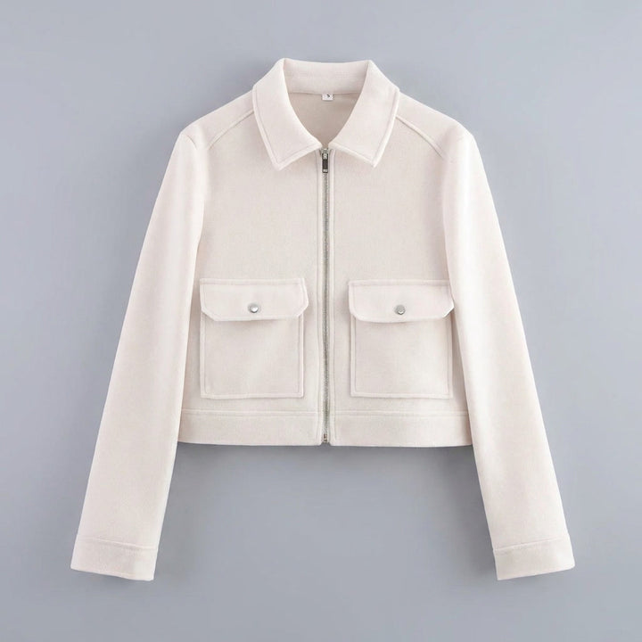 Udine Cropped Jacket — White, flat lay front on grey seamless