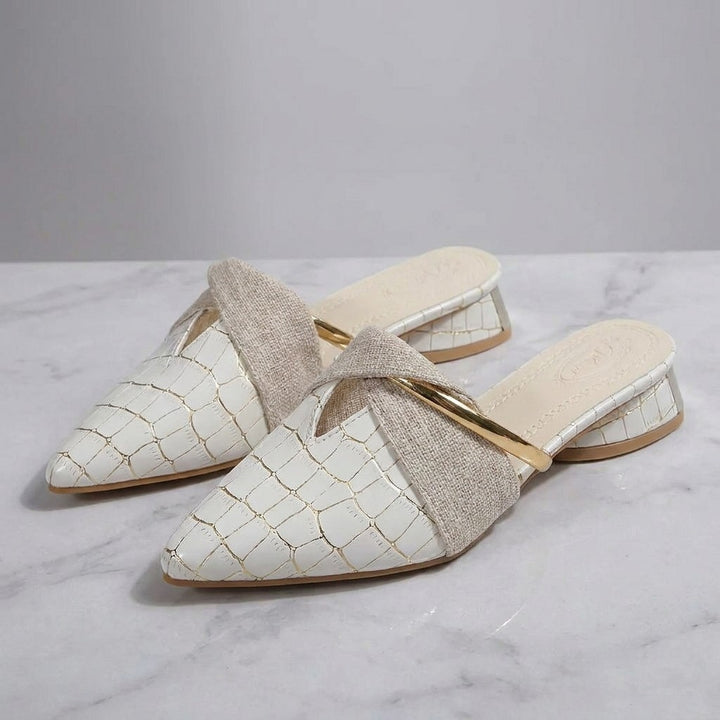 Tivoli Croc-Embossed Mules — White, pair on marble
