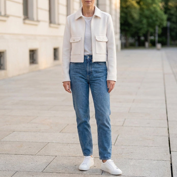 Udine Cropped Jacket — White, lifestyle full outfit