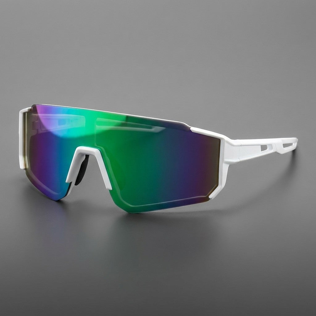 Tellaro Shield Sunglasses — White / Emerald Mirror, three-quarter front view on a grey studio gradient
