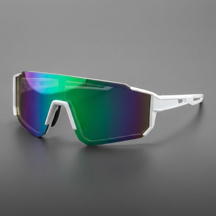 Tellaro Shield Sunglasses — White / Emerald Mirror, three-quarter front view on a grey studio gradient