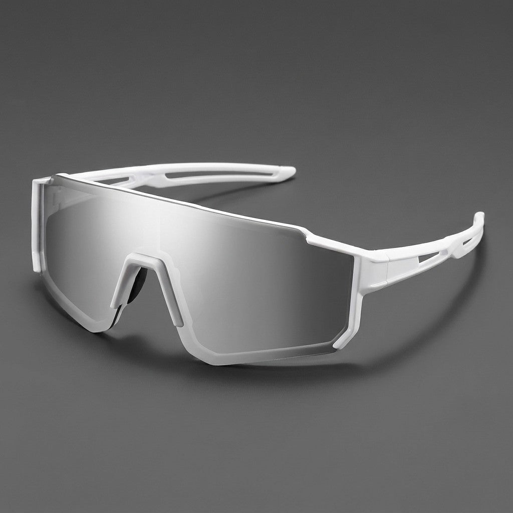 Tellaro Shield Sunglasses — White / Silver Mirror, three-quarter front view on a grey studio gradient