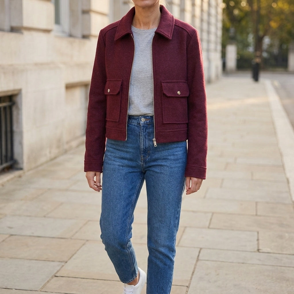 Udine Cropped Jacket — Wine, lifestyle close crop on model