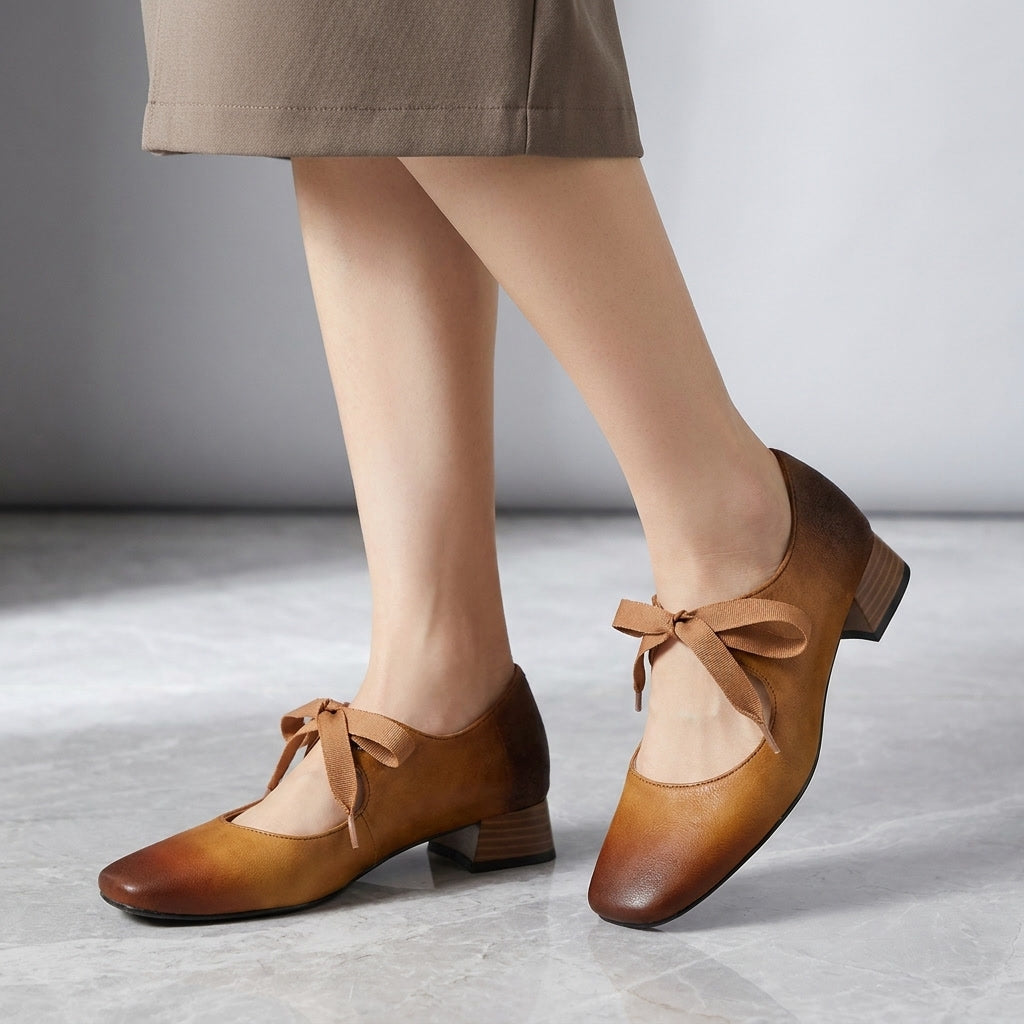 Nemi Square Mary Janes — Yellow Brown, on model knee-down studio